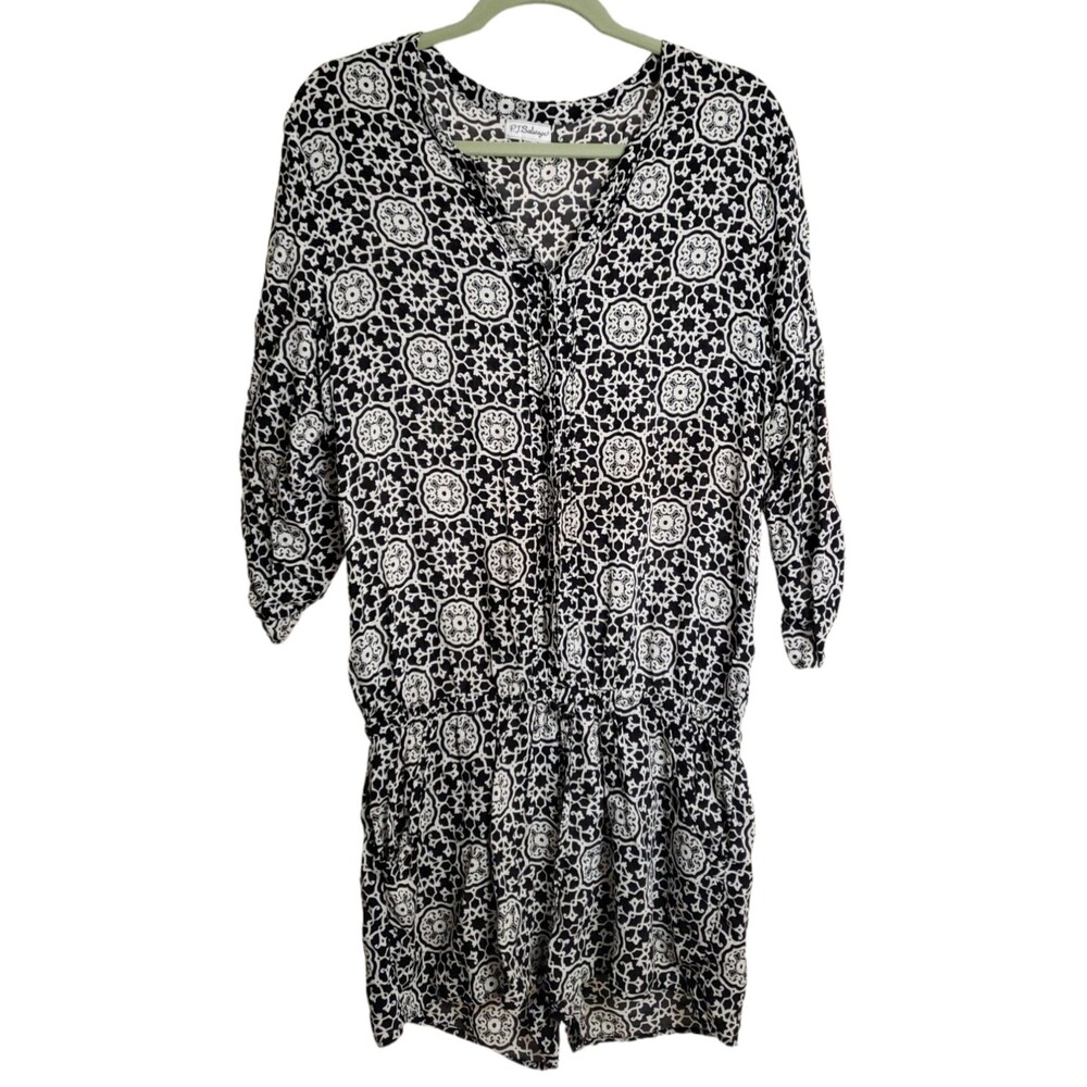 P.J. Salvage Large Black and White Romper Adjustable 3/4 Sleeve Elastic Waist
